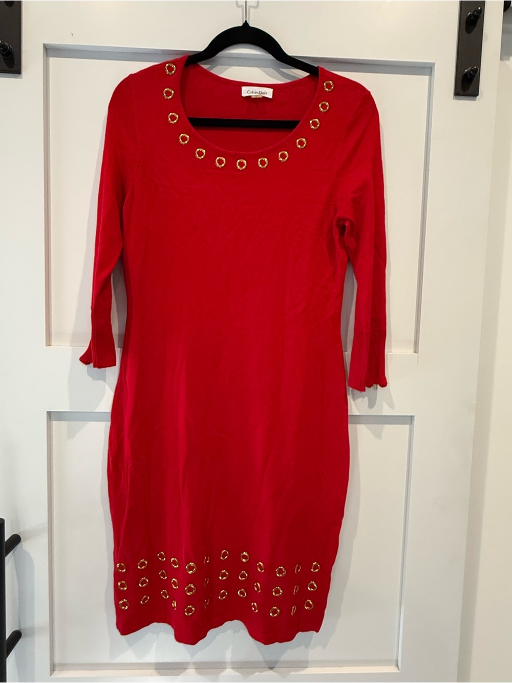 Calvin Klein Red Knit Midi Dress with Gold Eyelet Trim